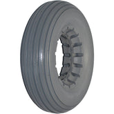 The 7x2" (180 x 50) gray multi-rib urethane tire in solid ribbed urethane features flat free design.